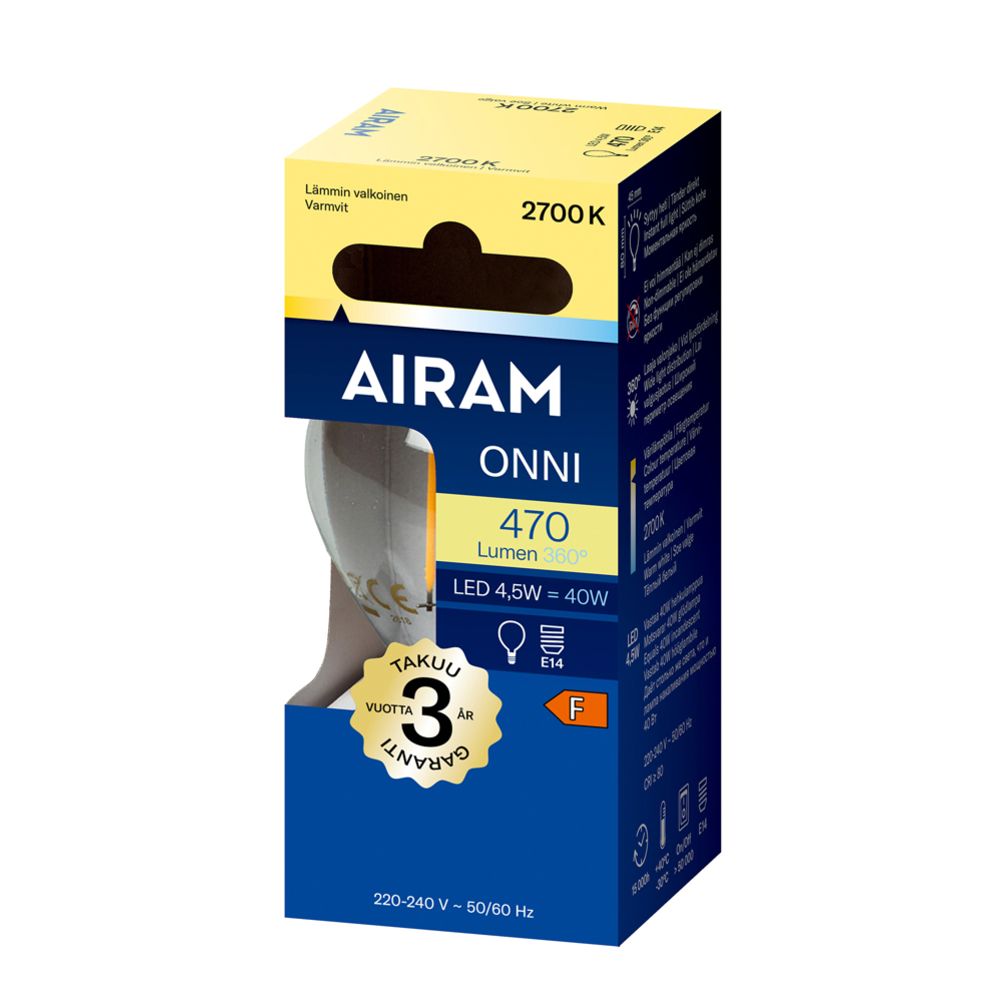 Airam LED-filamentlampa P45 E14 4,5W 470lm 2700K