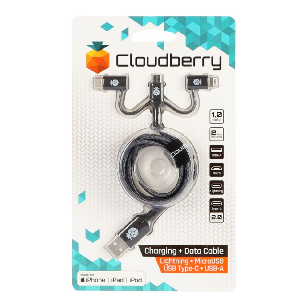 Cloudberry vahva latauskaapeli MicroUSB, USB Type-C 2.0 ja Lightning 1 m musta