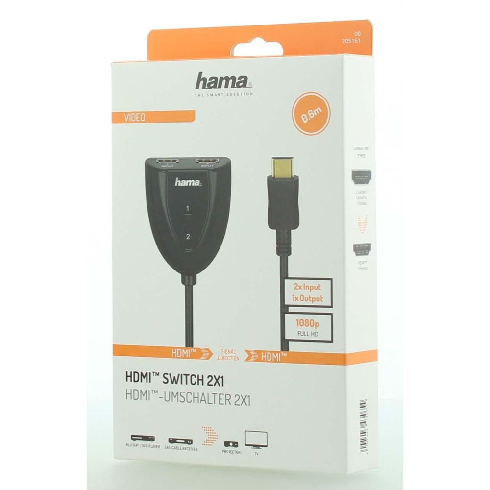 Hama HDMI-jakaja, HDMI uros (lähtö) - 2 x HDMI naaras (tulo), Full HD