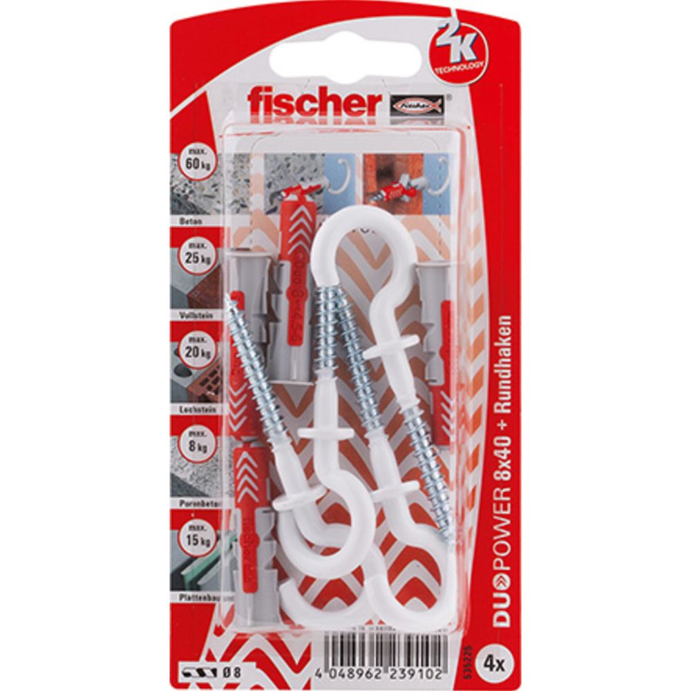 Fischer Duopower universalplugg med vit krok 8 x 40 mm 4 st.