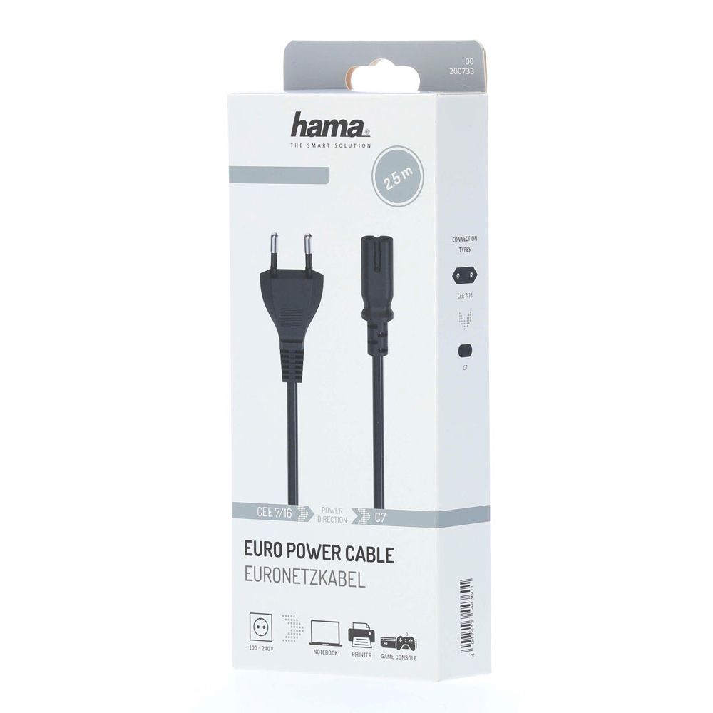 Hama strömkabel, Euro Plug – 2-Pin Socket (Double Groove), 2,5 m