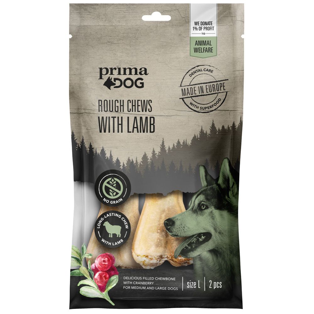 PrimaDog Rough Chews lamm-tranbär L 13,5 cm 140 g, 2 st.