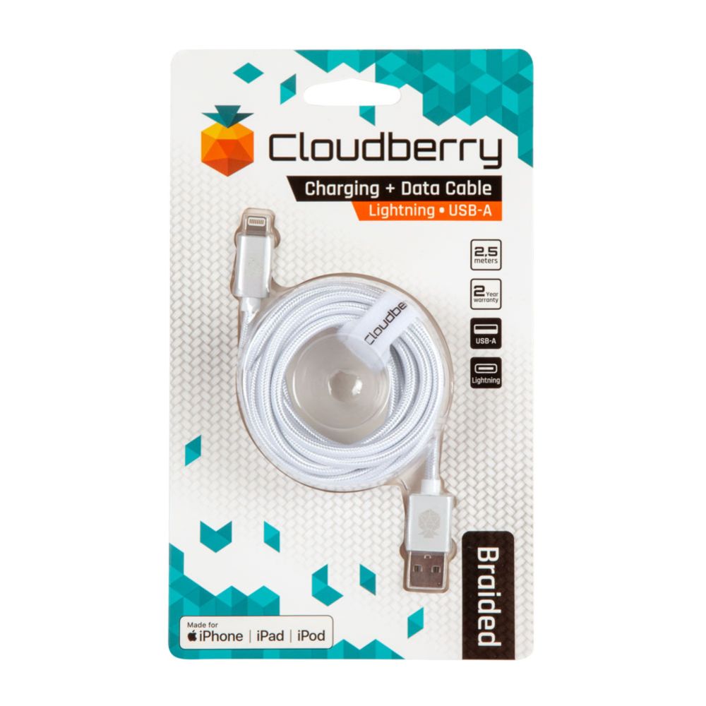 Cloudberry USB-A Lightning vastupidav andmekaabel, valge, 2,5 m