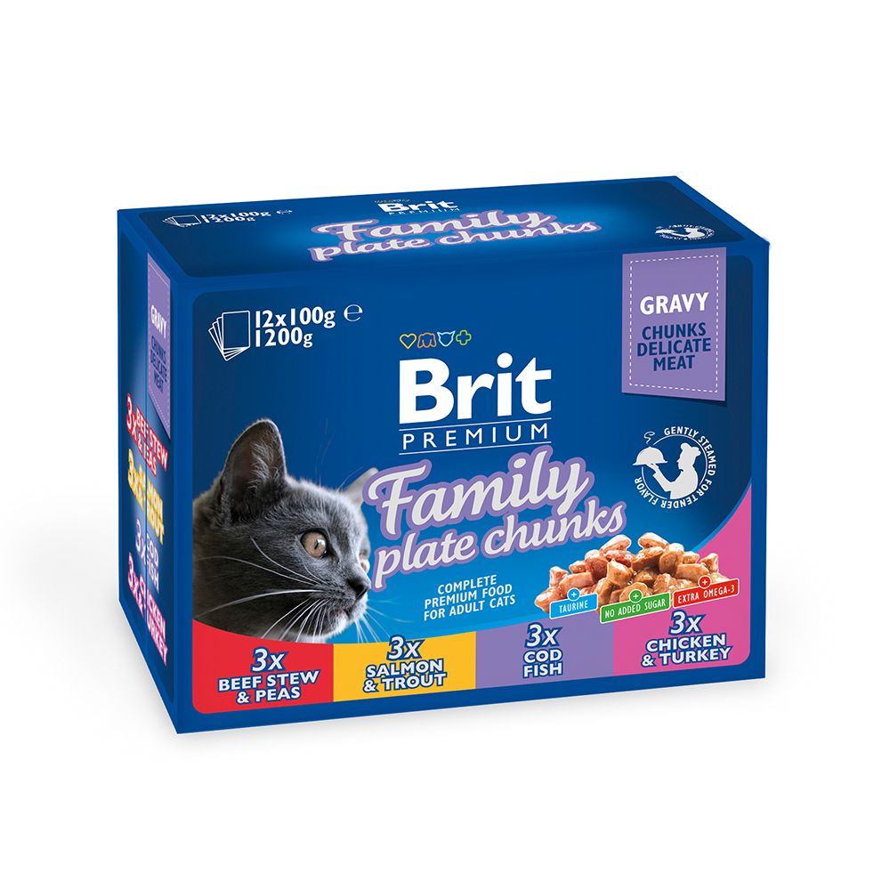 Brit Premium Cat bitar i sås fisk-kött Family plate sortiment 12 x 100 g