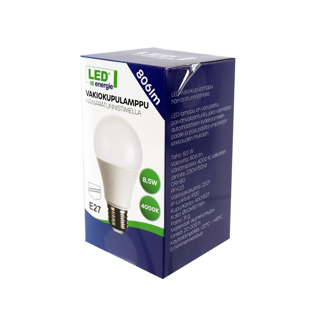 Led Energie LED-lamppu hämärätunnistimella A60 E27 8,5 W 806 lm 4000 K
