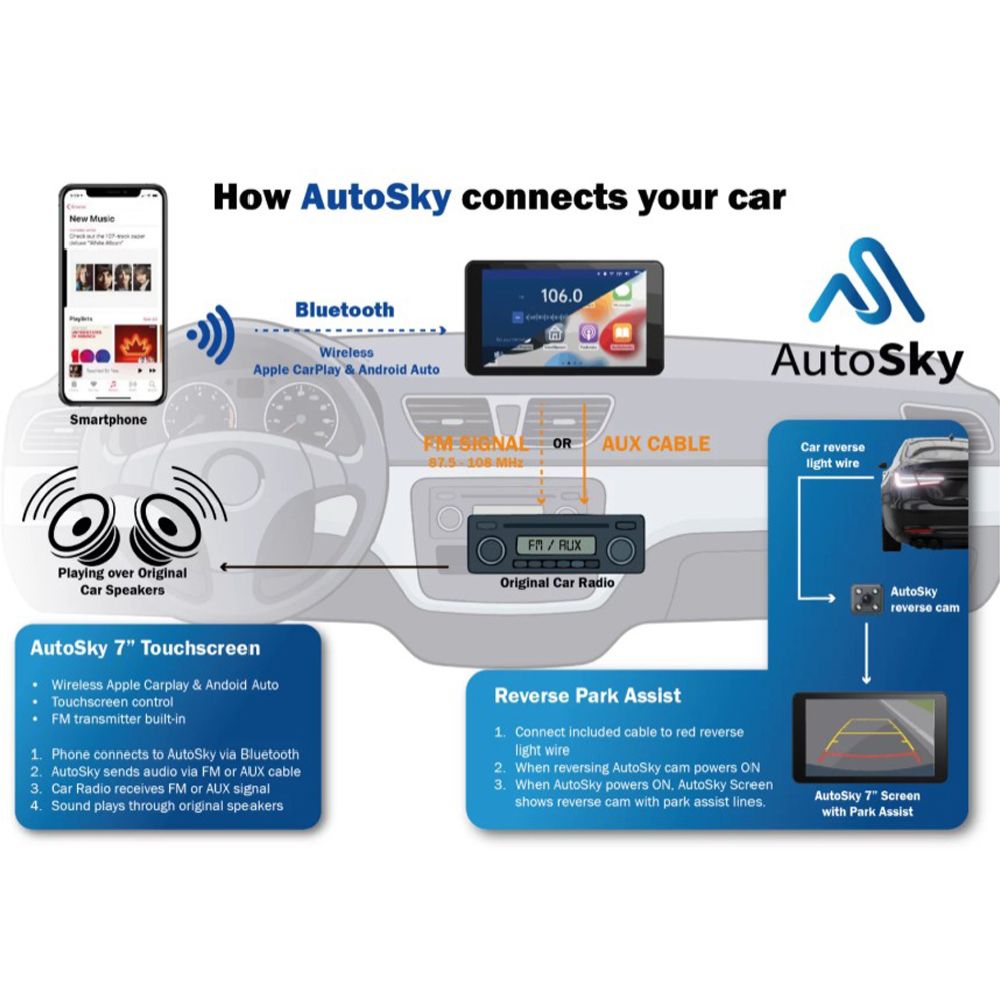 AutoSky 7" Smart Screen Pro CarPlay multimediaspelare och backkamera