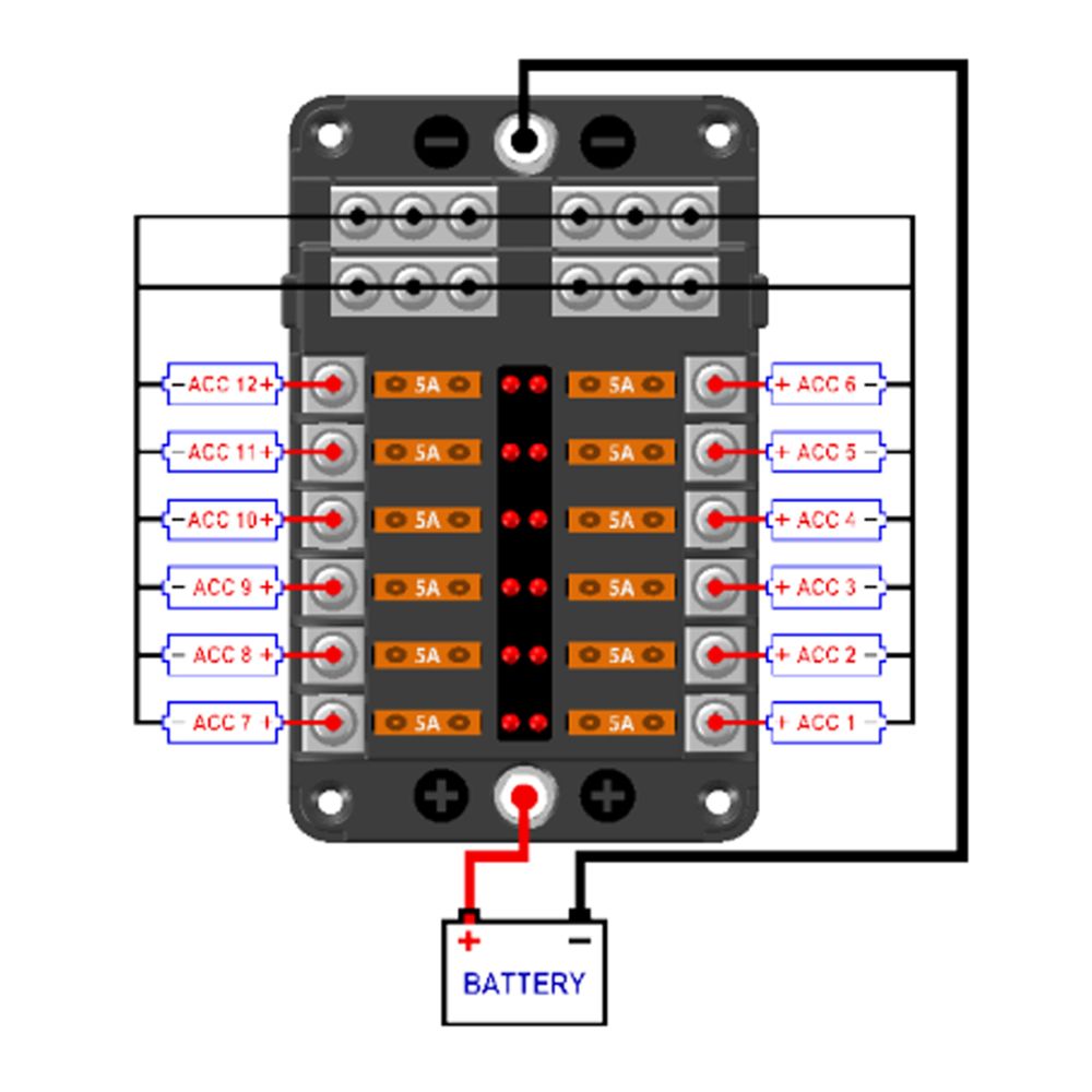 Kaitsmekarp 12 kaitsme jaa 12V led-indikaatoriga tuledega