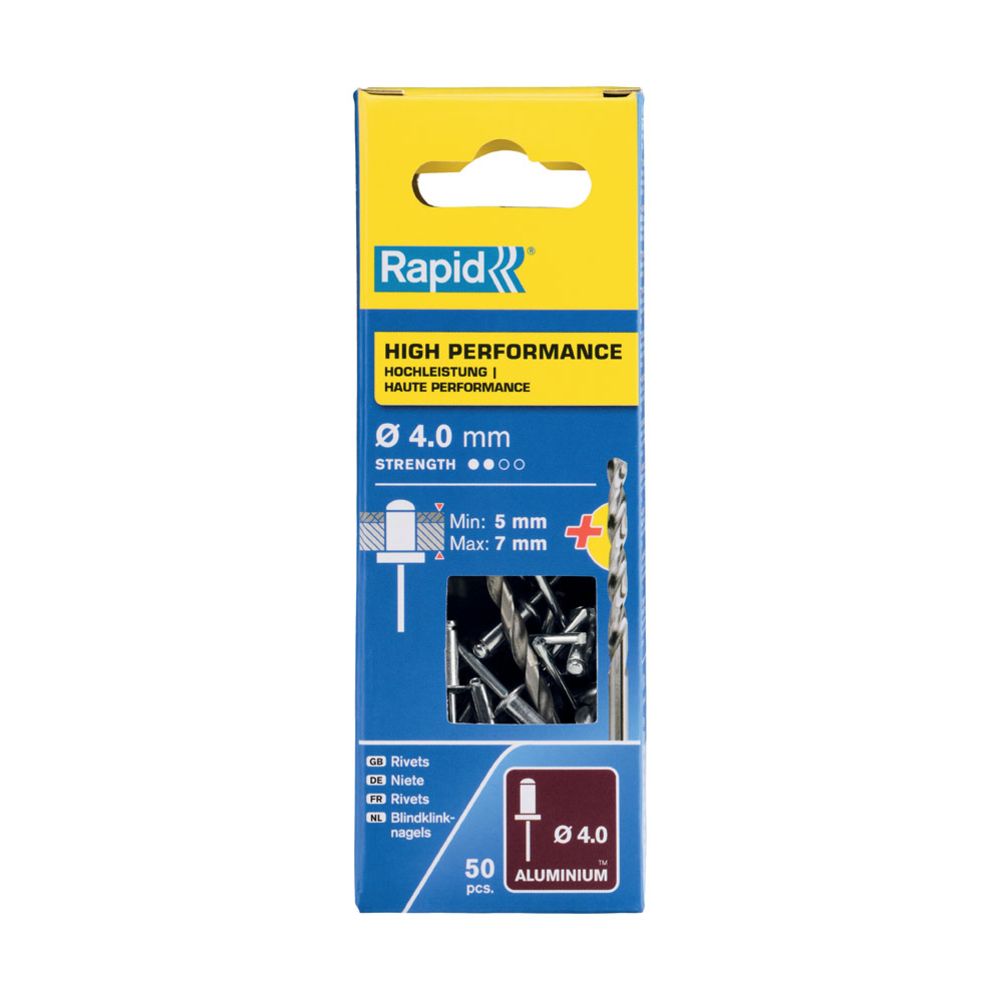 Rapid HQ alumiiniumist tõmbeneet, 4,0 x 10 mm, 50 tk + puur