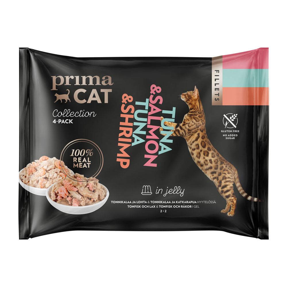 PrimaCat Fillets tonfisk/lax & tonfisk/räkor i gele 4 x 50 g