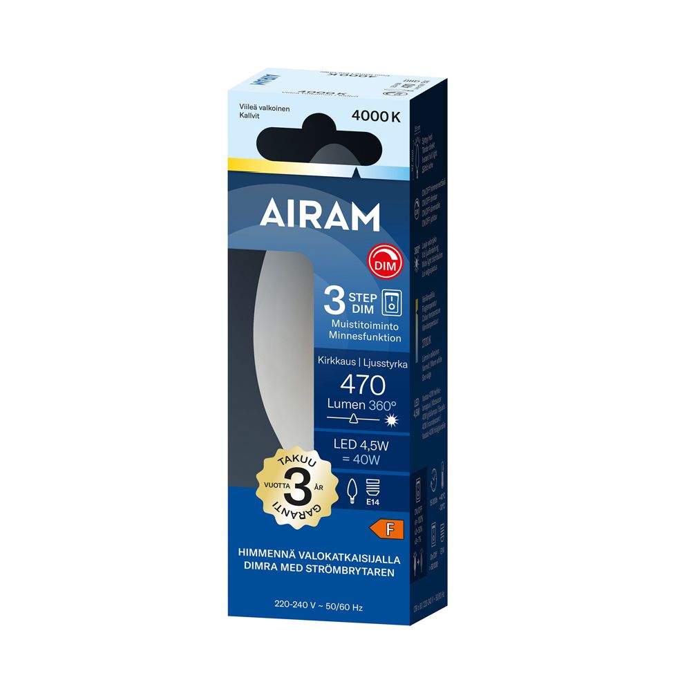 Airam LED-filamentlampa 3-Step C35 E14 4,5W 470lm 4000K IP20 dimbar