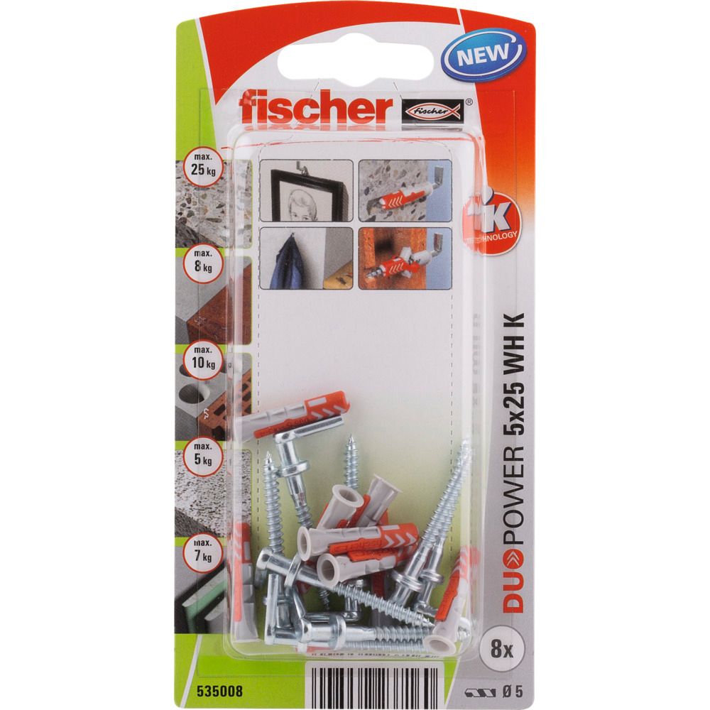 Fischer DuoPower universalplugg med vinkelkrok 5 x 25 mm 8 st.