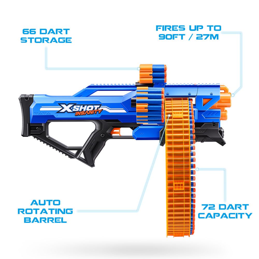 X-Shot Insanity Mad Mega Barrel mängupüstol ja 72 noolt