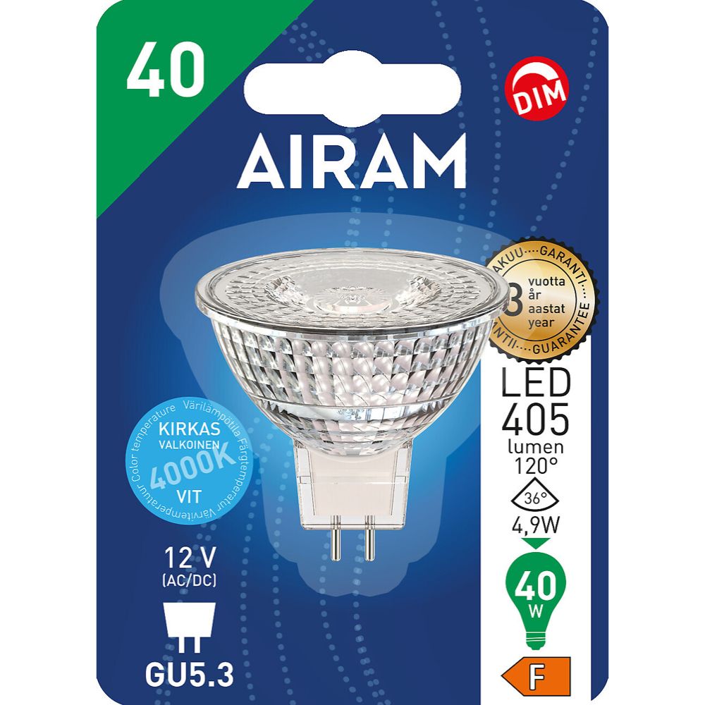 Airam LED-filamentlampa FG MR16 GU5.3 12V 4,9W 405lm 4000K dimbar