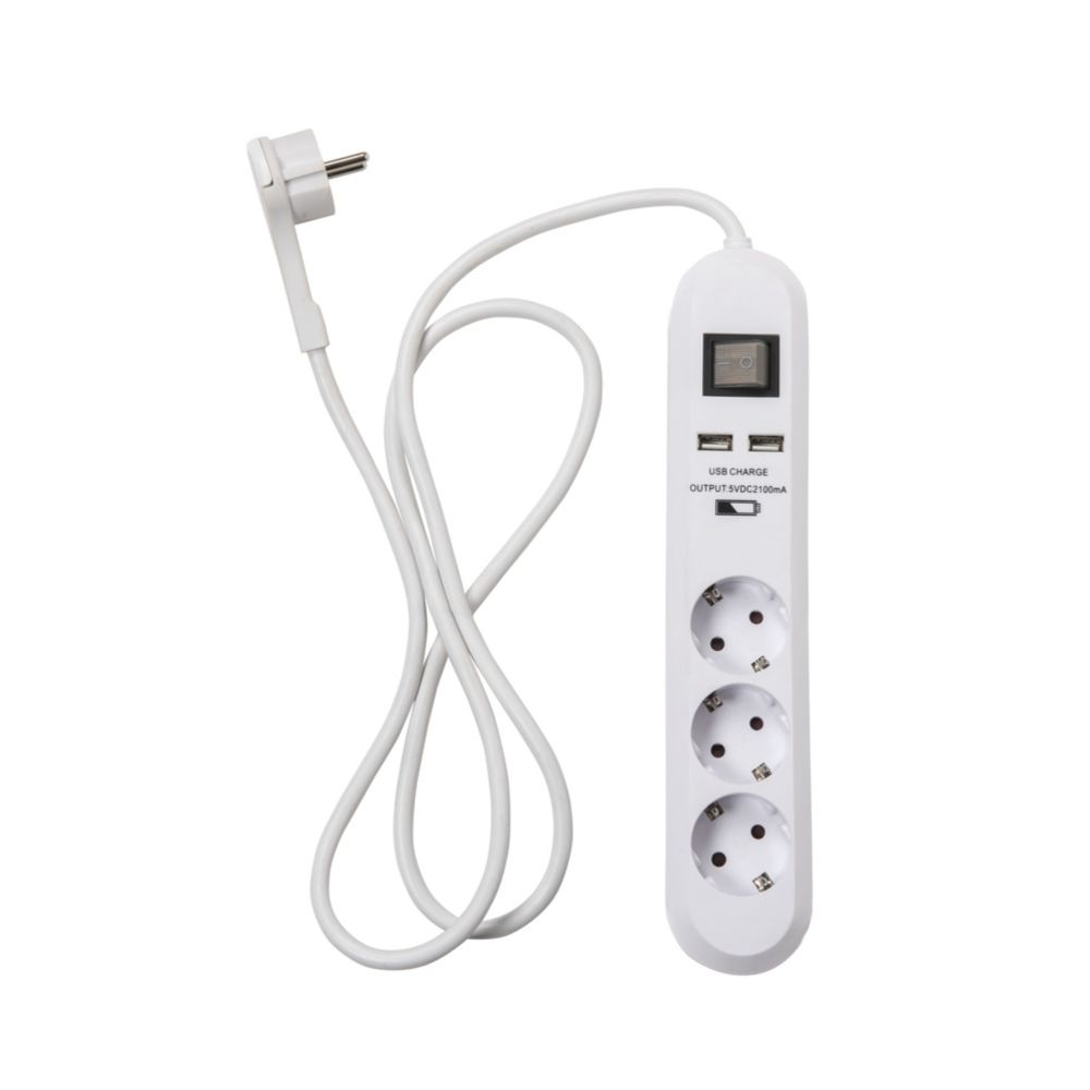 Airam 3-osainen jatkojohto kytkimellä 2 x USB 2,1A 1,5 m litteä