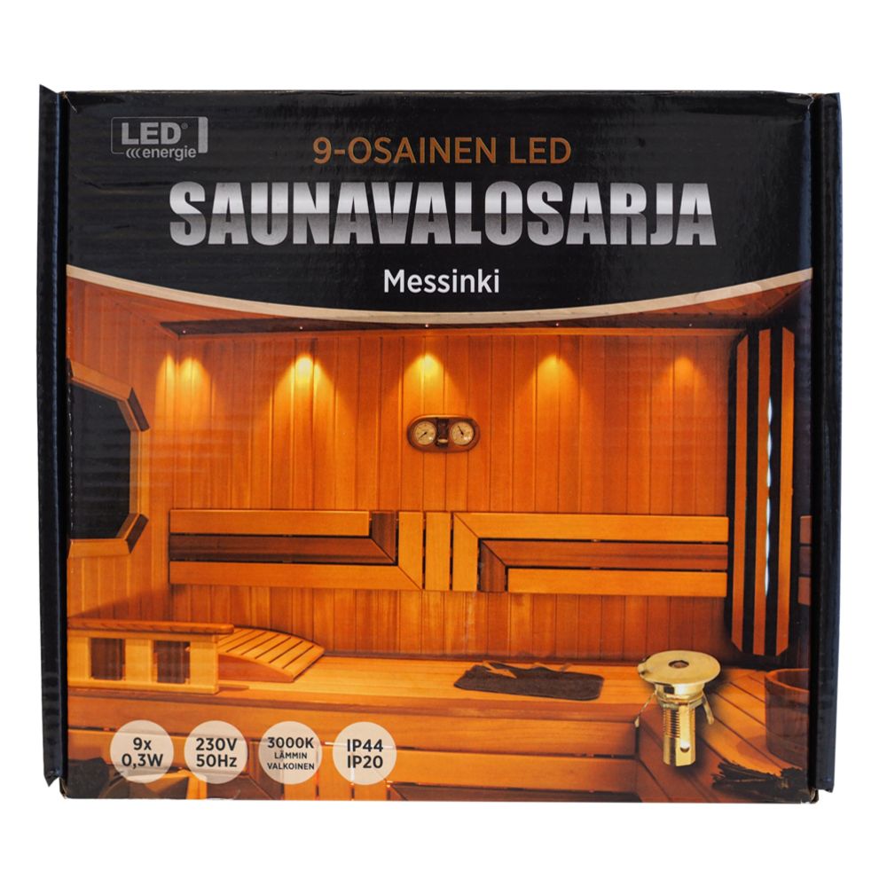 9-osaline LED-saunavalgustite komplekt, messing, 0,3 W, 3000 K, IP44/IP20