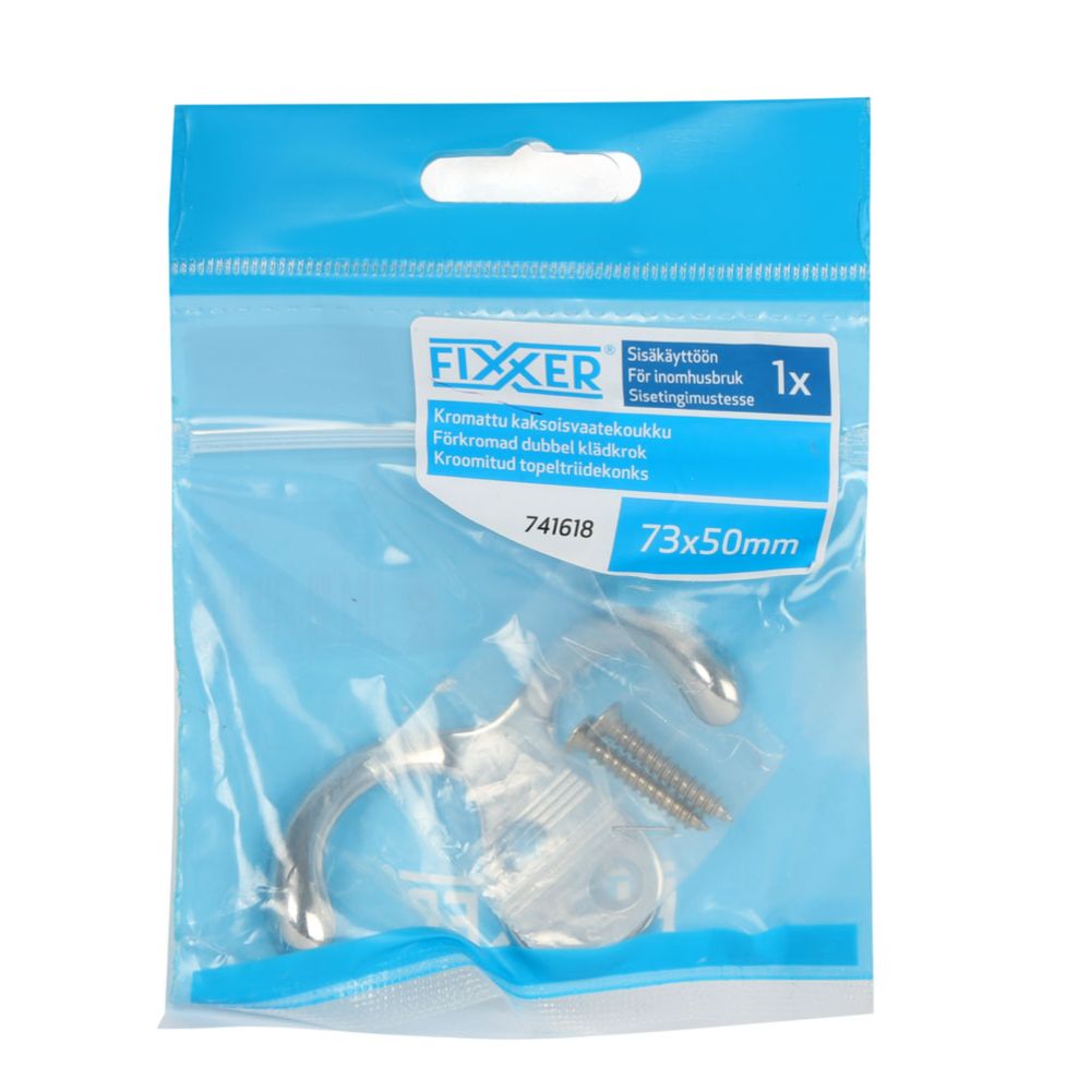 Fixxer® kromattu vaatekoukku "tuplamalli" 73 x 50 mm
