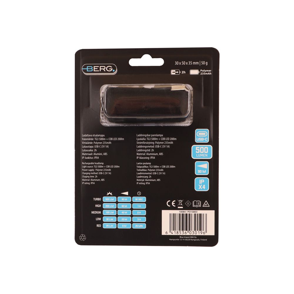 Berg TG3 laddningsbar LED-pannlampa 500 lm + COB LED 200 lm