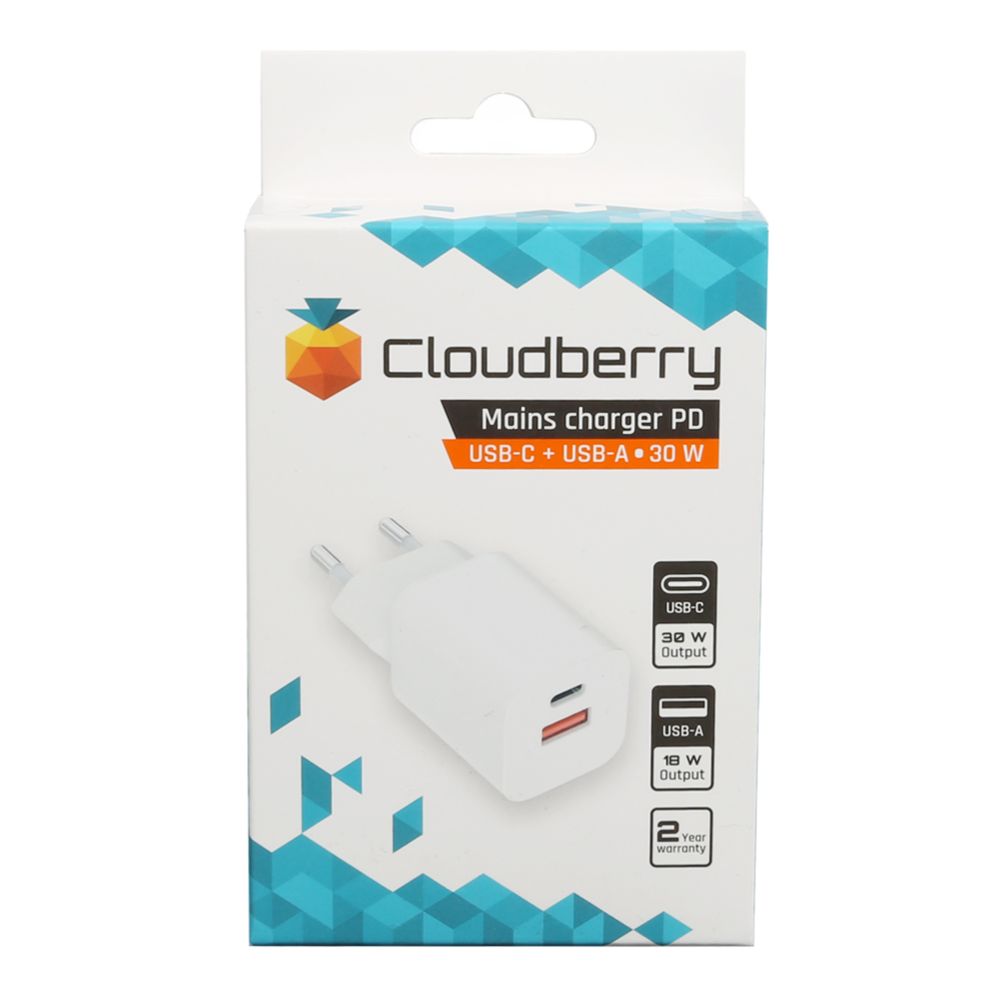 Cloudberry võrgulaadija, PD, USB-C + USB-A, 30 W
