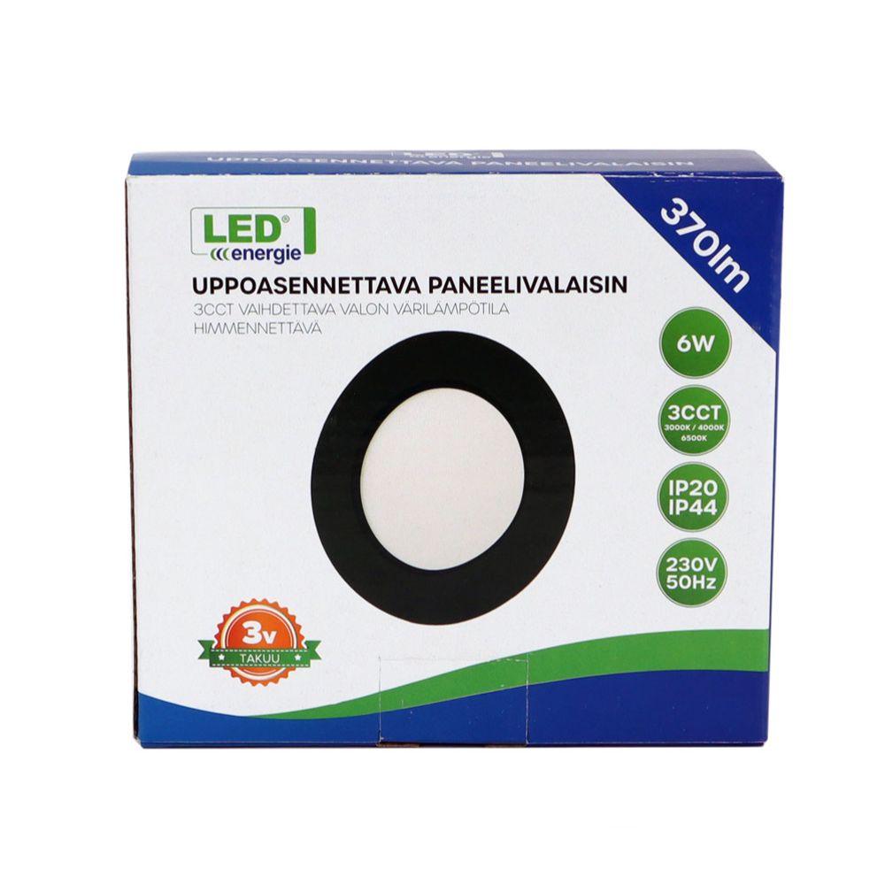 Led Energie paneelvalgusti, süvistatav, 6 W, 370 lm, 3CCT, must, ø 120 mm