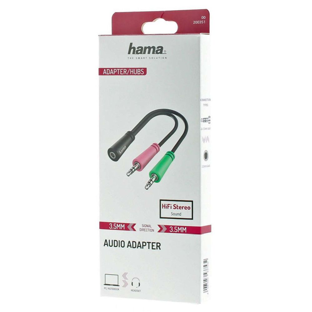 Hama audioadapter, 3,5 mm (4-pin) hona - 2 x 3,5 mm (3-pin) hane, 0,15 m