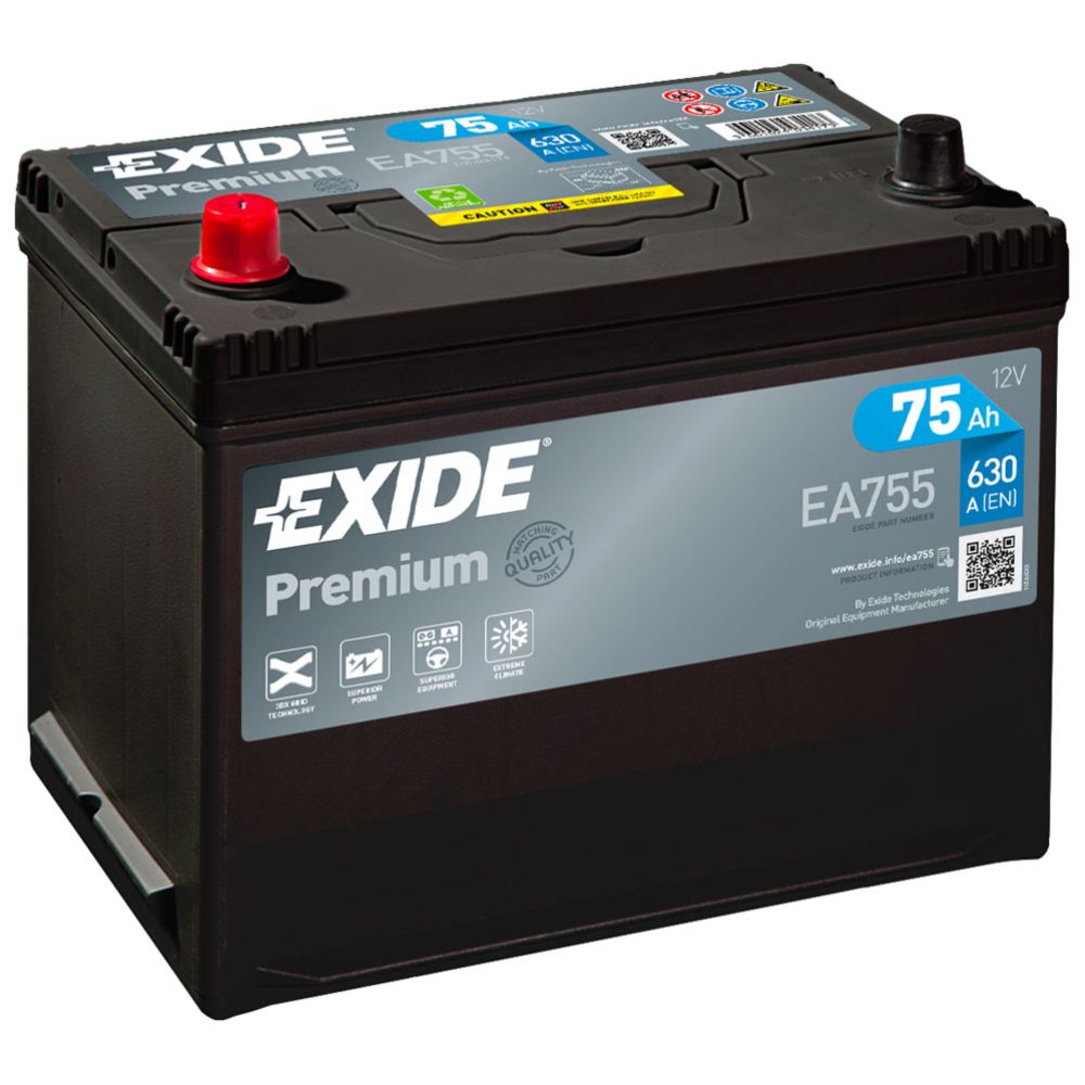 Exide EA755 75 Ah / 630 A aku, P 270 x L 173 x K 222