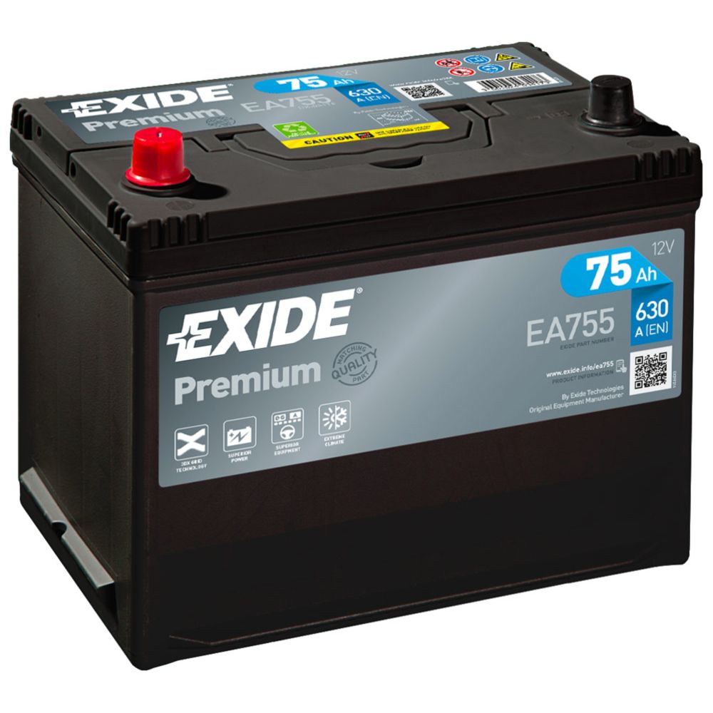 Exide EA755 batteri 75 Ah/630 A  L 270 x B 173 x H 222 mm +-