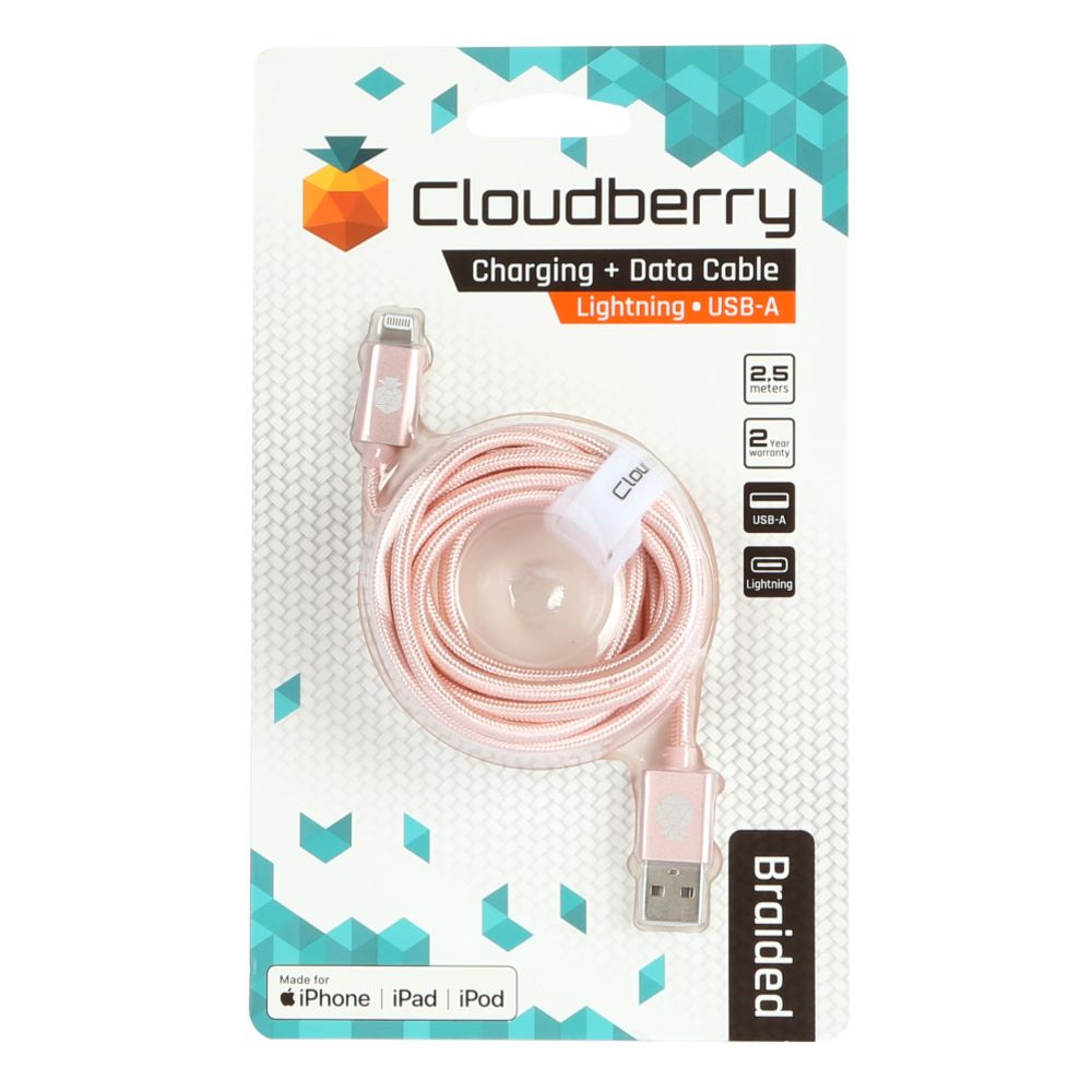 Cloudberry USB-A Lightning vastupidav andmekaabel, roosa/kuldne, 2,5 m