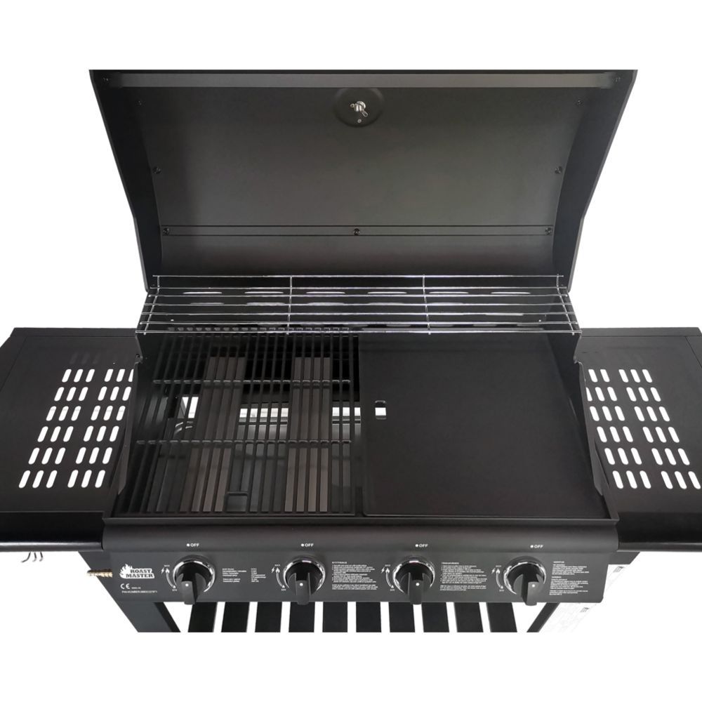 Roastmaster 4-polttiminen kaasugrilli puutasolla