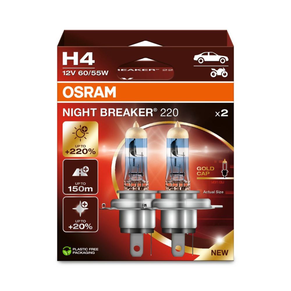 Osram Night Breaker 220 H4-pirnid, +220%, 12 V, 60/55 W, 2 tk