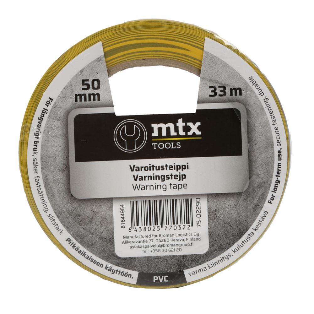 MTX varoitusteippi 50 mm x 33 m musta/keltainen