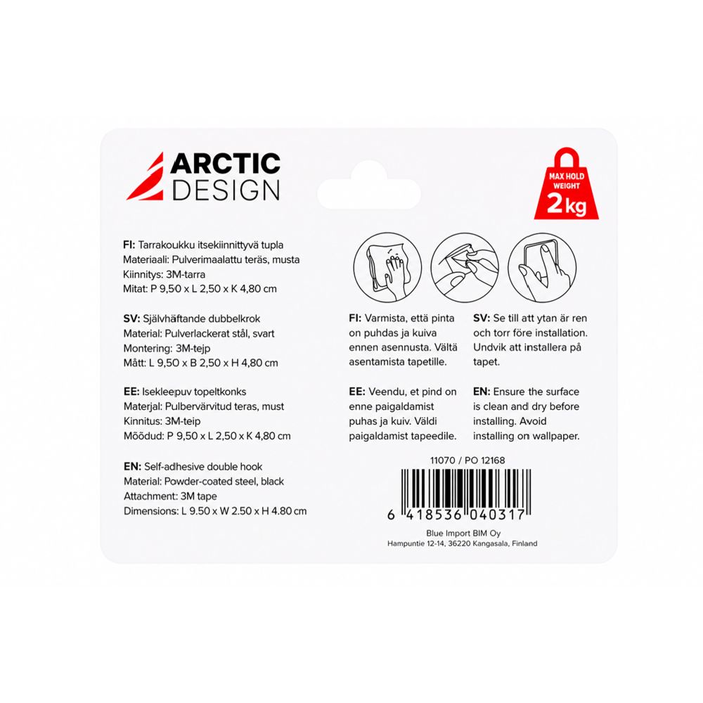 Arctic Design itsekiinnittyvä tarrakoukku 95 x 25 x 48 mm musta