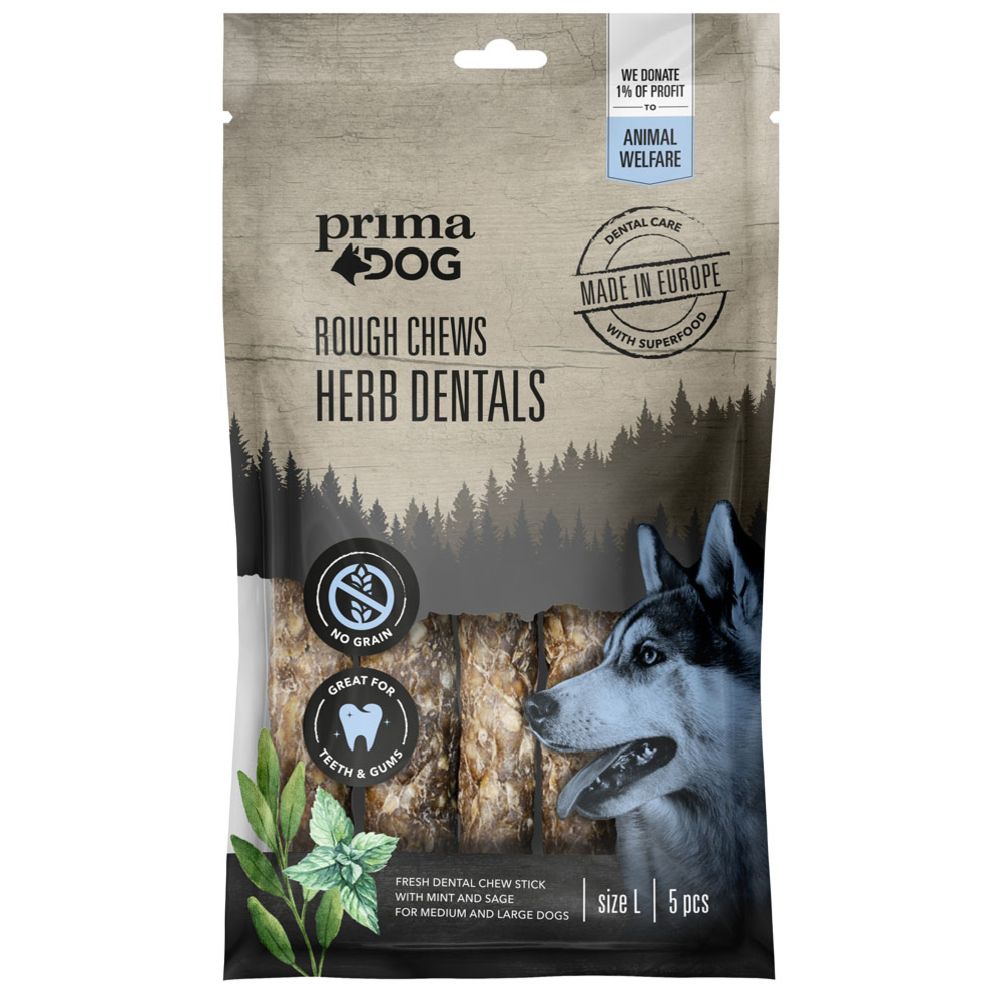 PrimaDog Rough Chews dentaltuggben med örter L 15 cm 175 g, 5 st.