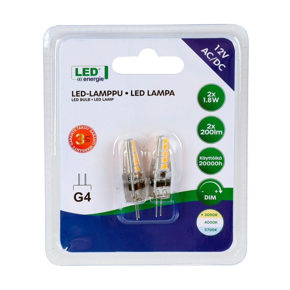 LED-lamp, 12 V, G4, 1,8 W, 3000 K, 200 lm, 2 tk