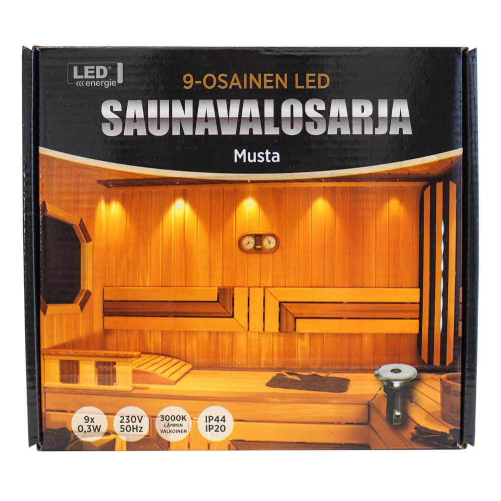 9-osaline LED-saunavalgustite komplekt, must, 0,3 W, 3000 K, IP44/IP20