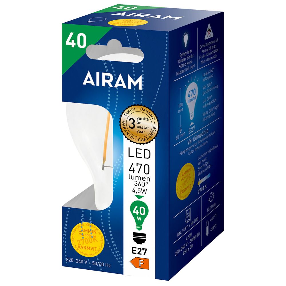 Airam LED-filamentlampa A60 E27 4,5W 470lm 2700K