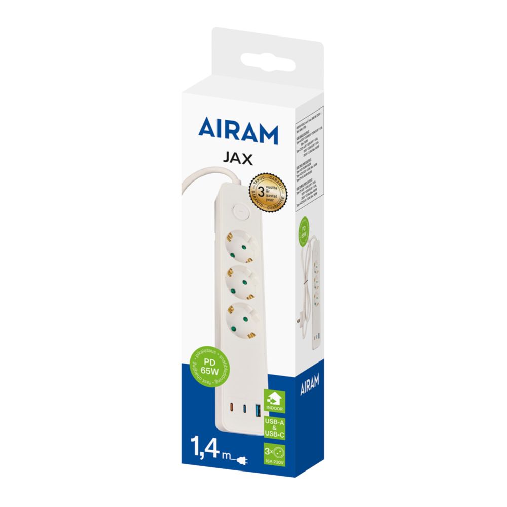 Airam Jax pikendusjuhe 3-pesaga + 3 USB 65 W 1,4 m valge