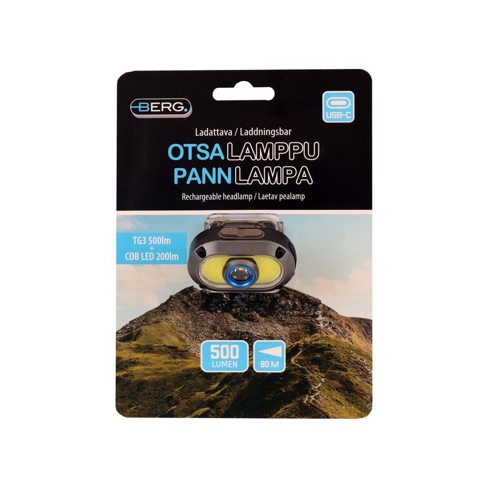 Berg TG3 LED-otsavalaisin ladattava klipsillä 500 lm 90 m + COB 200 lm