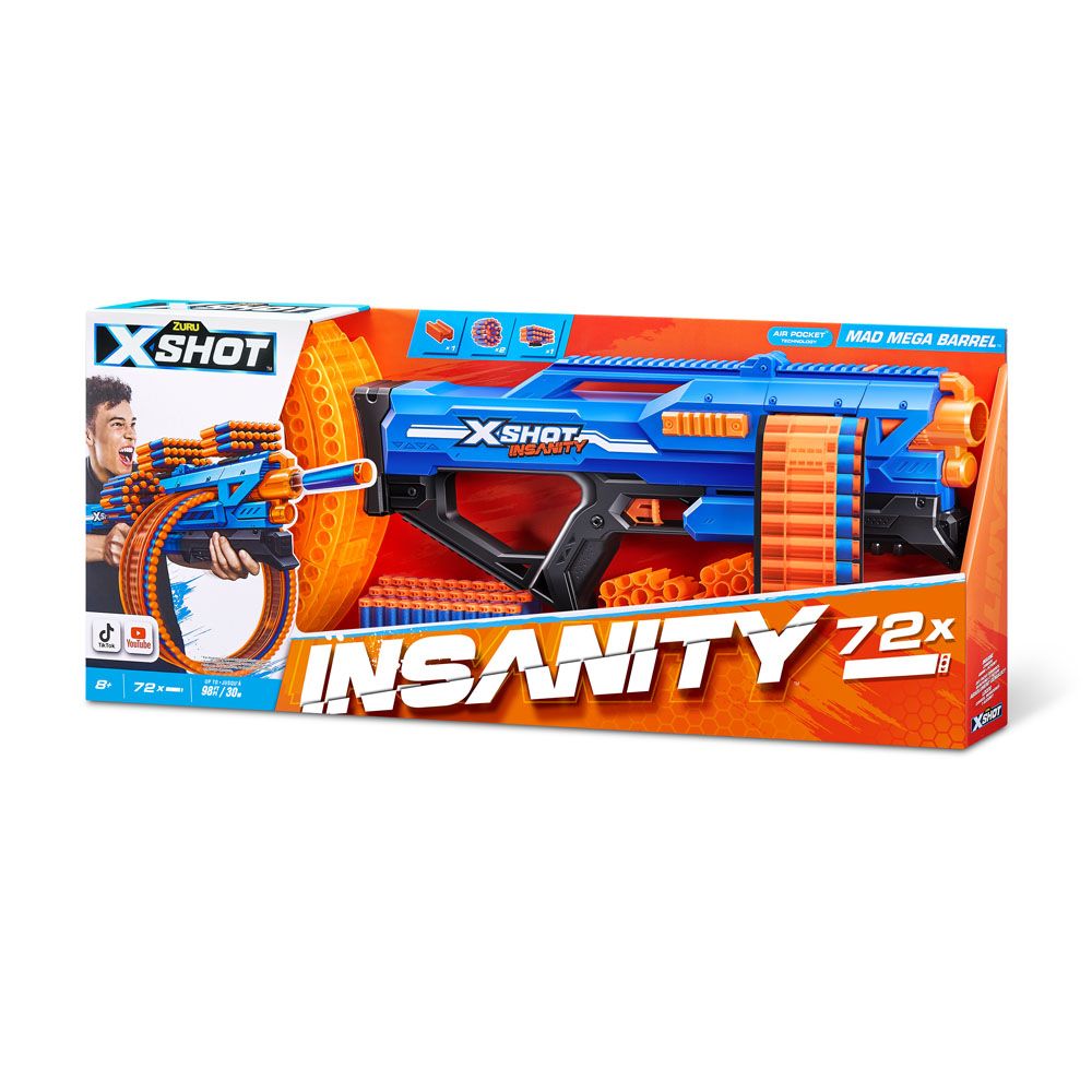 X-Shot Insanity Mad Mega Barrel mängupüstol ja 72 noolt