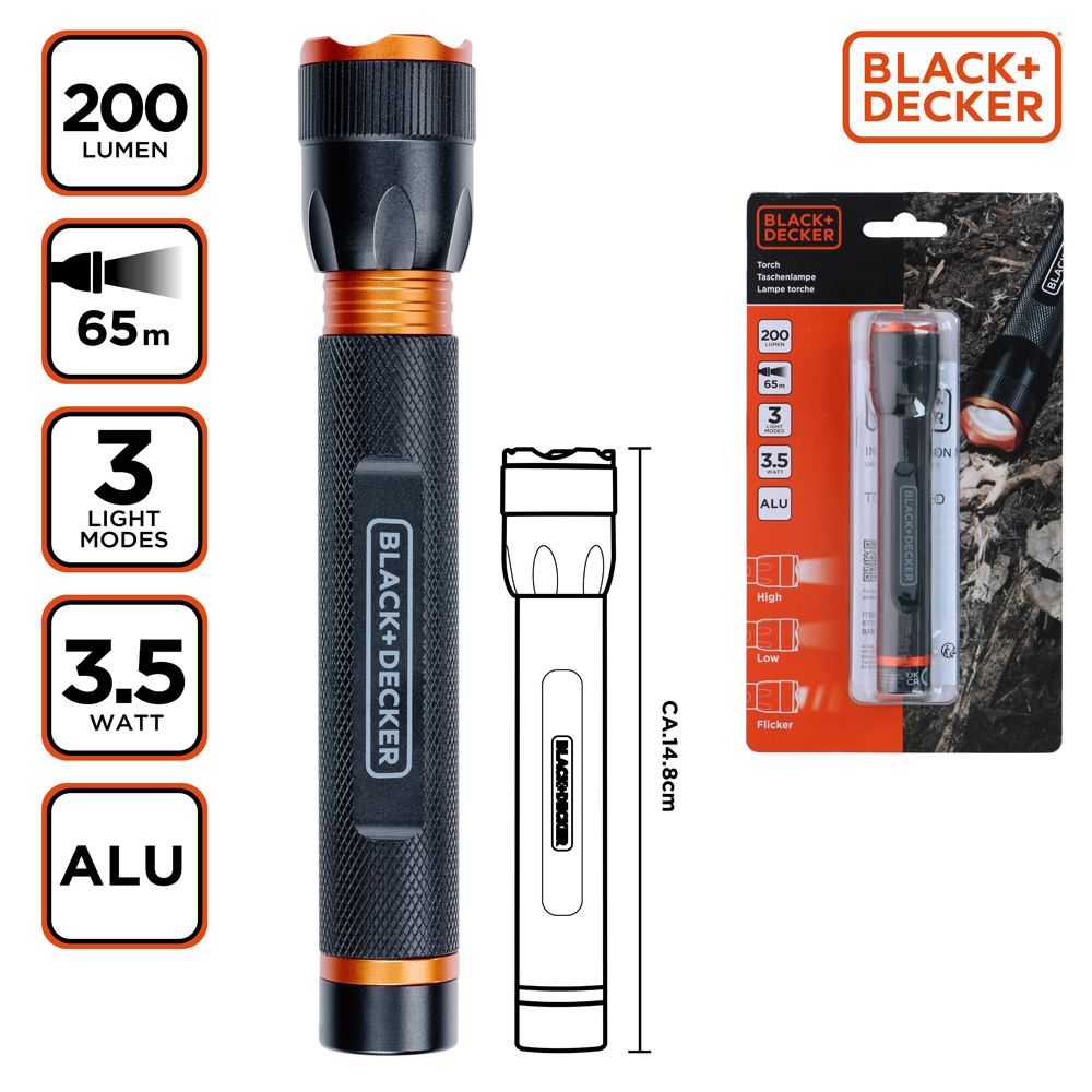 Black+Decker taskulamp, 200 lm, 65 m, 2 x AA