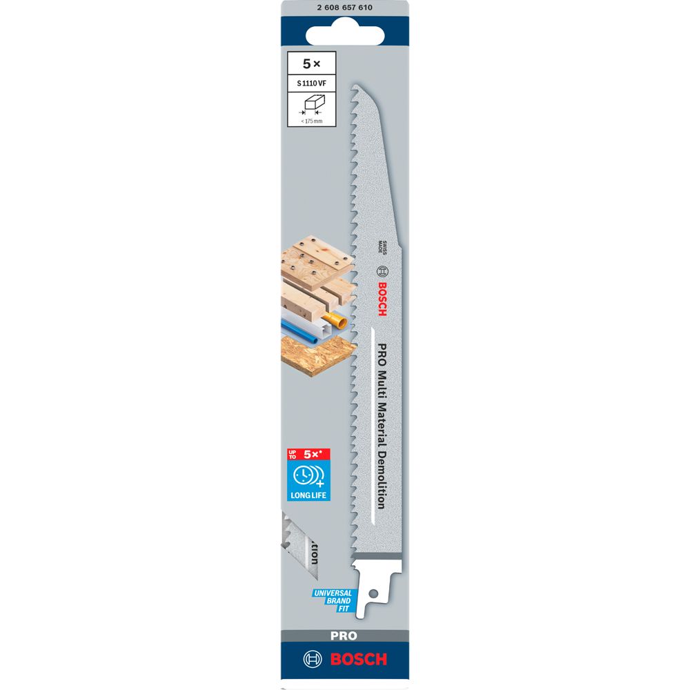 Bosch puukkosahanterä S 1110 VF Multi Material Demolition 1,6 x 22 x 225 mm, 5 kpl