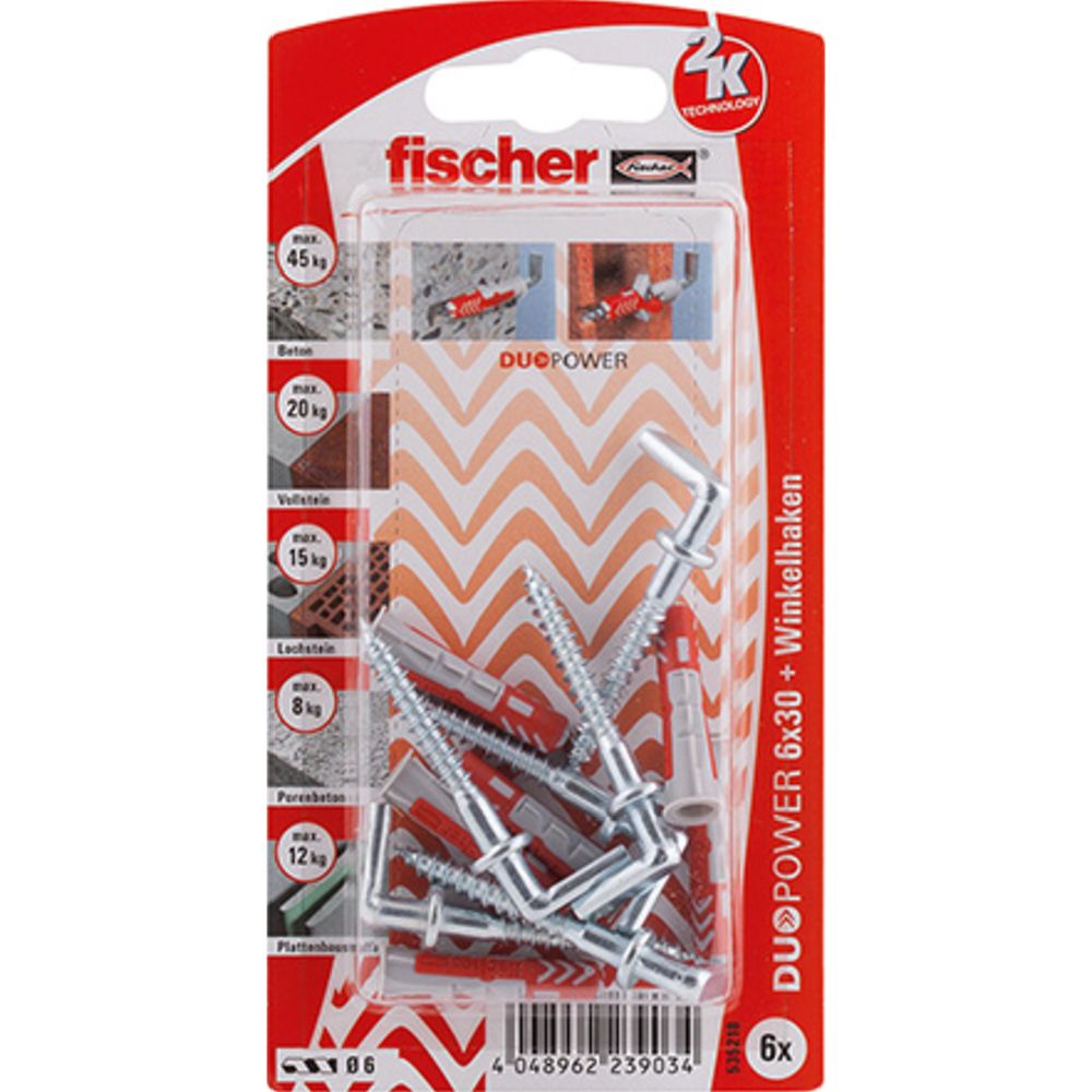 Fischer Duopower universalplugg med vinkelkrok 6 x 30 mm 6 st.
