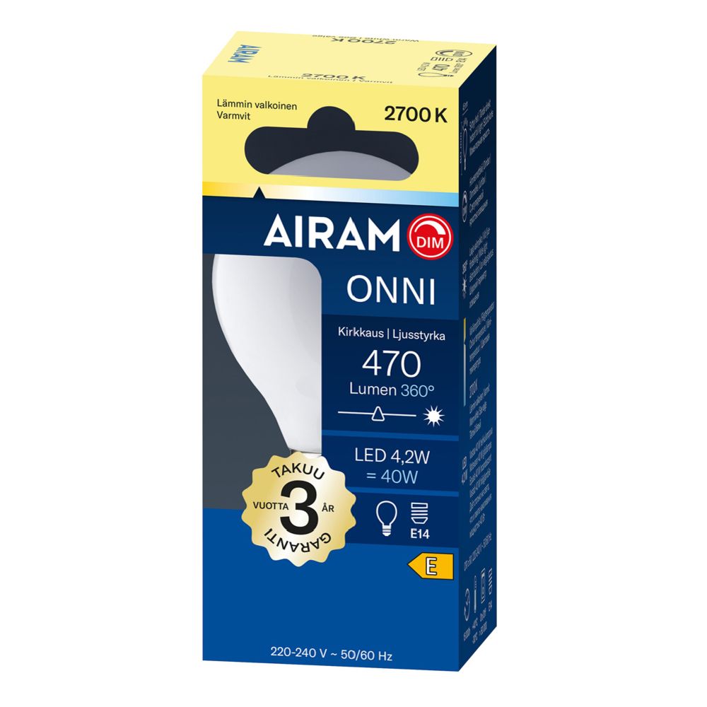Airam Onni LED-lampa minikupad P45 E14 4,2 W 470lm 2700K Dimbar