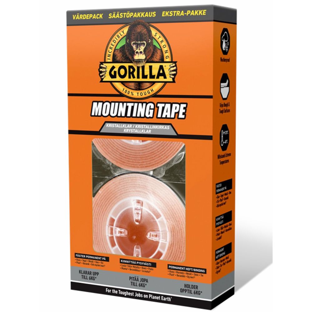 Gorilla Kinnituslint 2-pakk kahepoolne lint 2 x 25 mm x 1,5 m