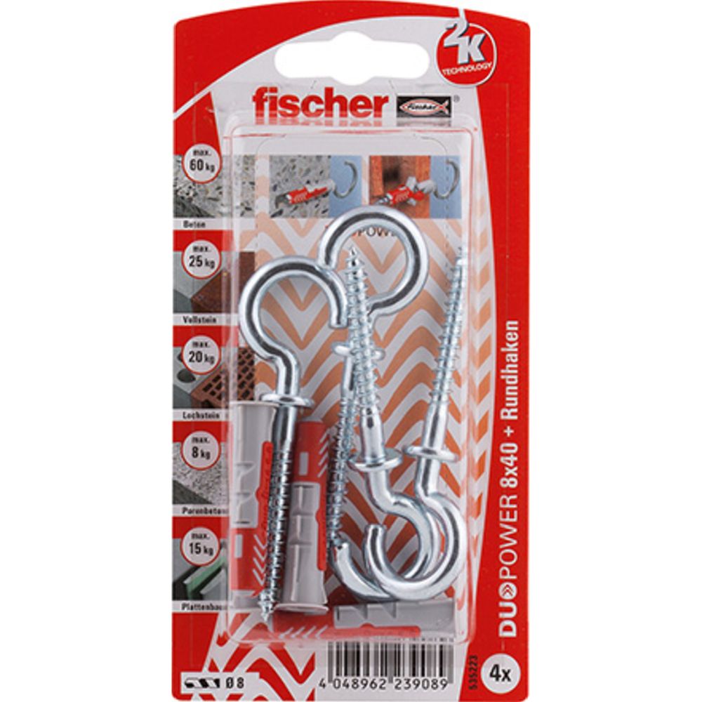 Fischer Duopower universalplugg med krok 8 x 40 mm 4 st.