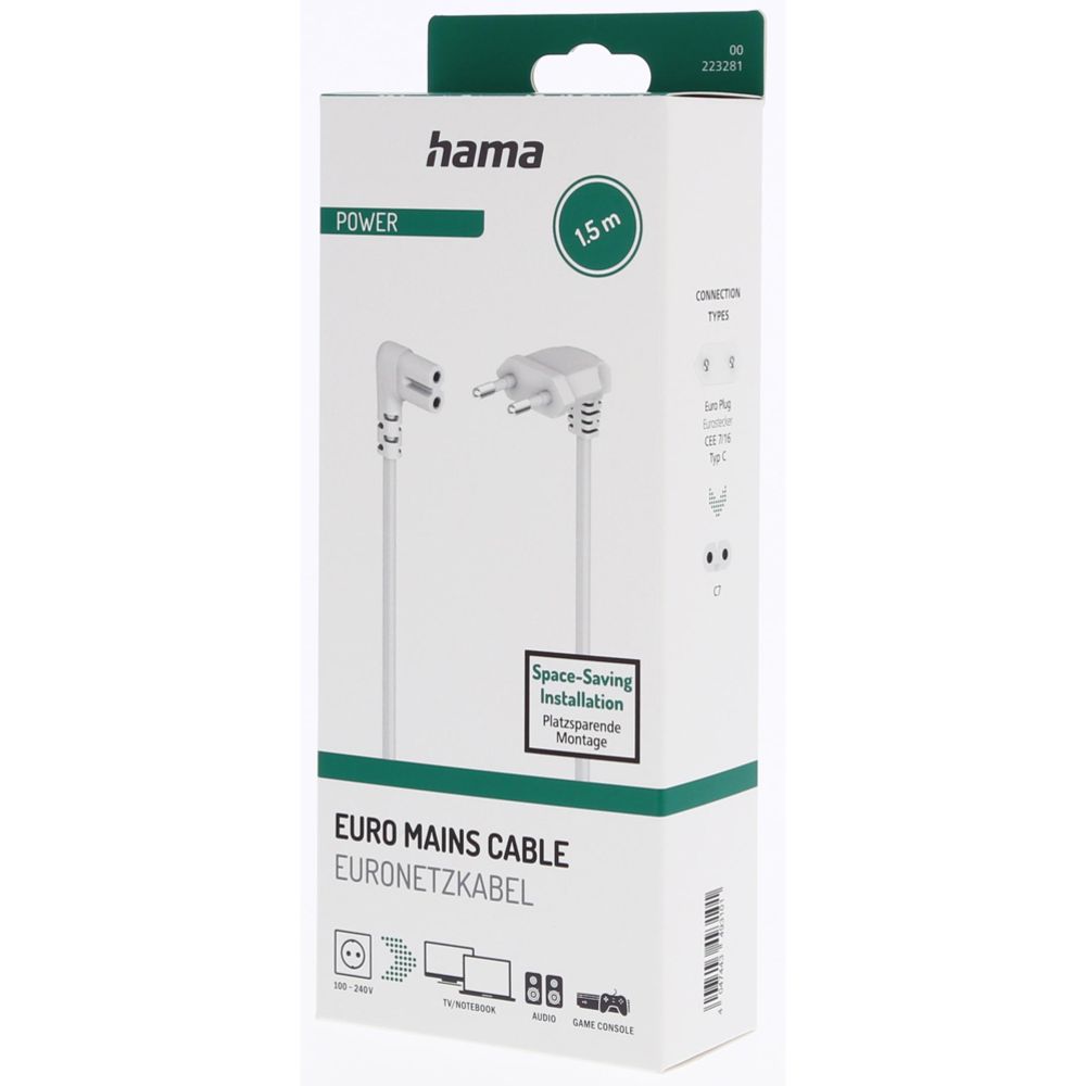 Hama virtajohto 90 asteen kulmalla 2-pin Euro plug 1.5 m