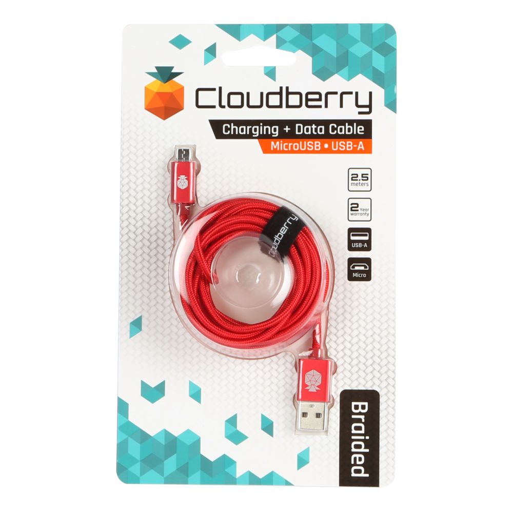 Cloudberry MicroUSB vahvarakenteinen datakaapeli 2,5 m punainen