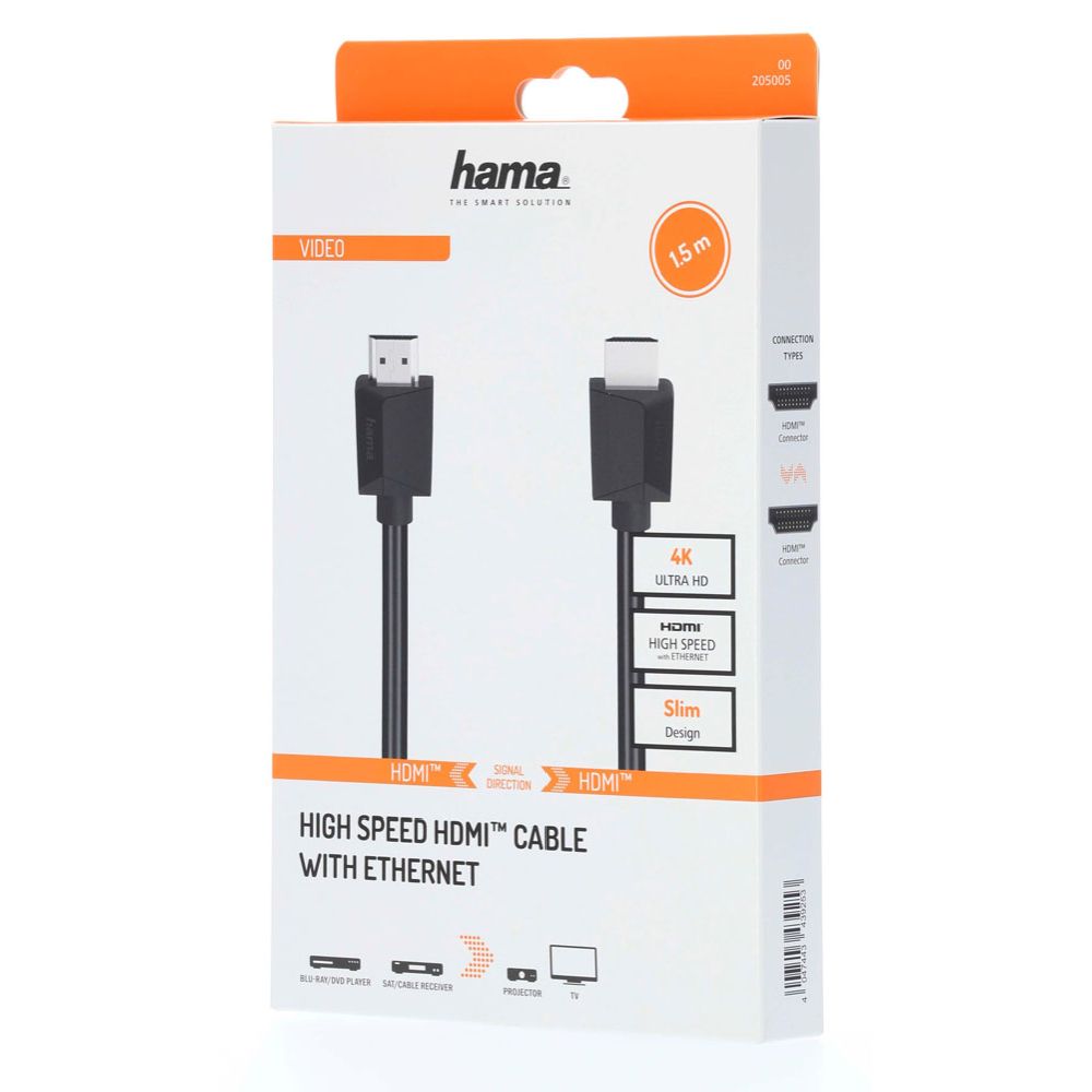 Hama HDMI-kaapeli, HDMI uros - HDMI uros, 4K, Ethernet, 1,5 m