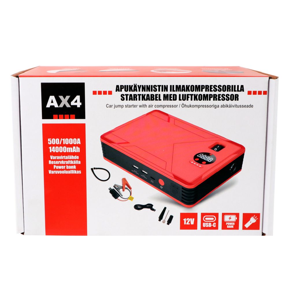 AX4 Starthjälp med luftkompressor 12 V 500/1000 A 14000 mAh