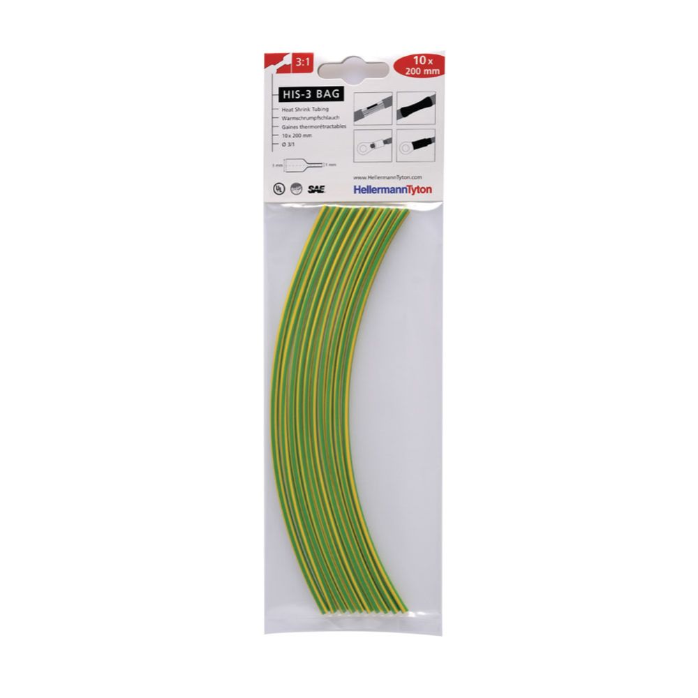 HellermannTyton krympslang 3/1 mm gulgrön 3:1 10 x 200 mm