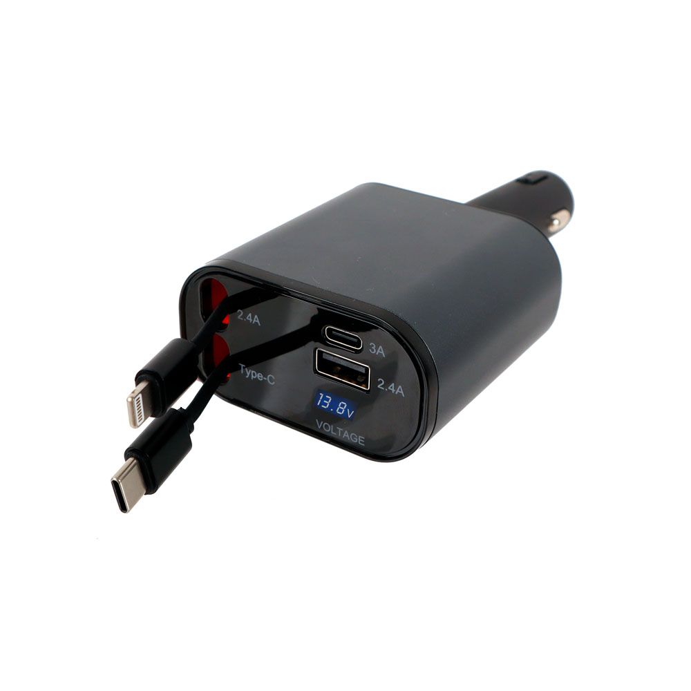 AX4 billaddare med USB-C- och lightning-kablar